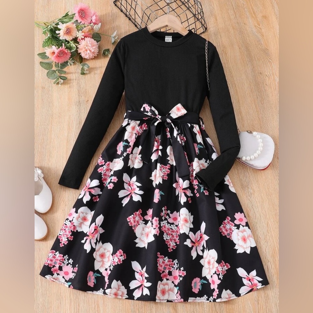 NWT SHEIN Tween 11-12Y Floral Flared Long Sleeved Round Neck Midi Dress W/ Belt